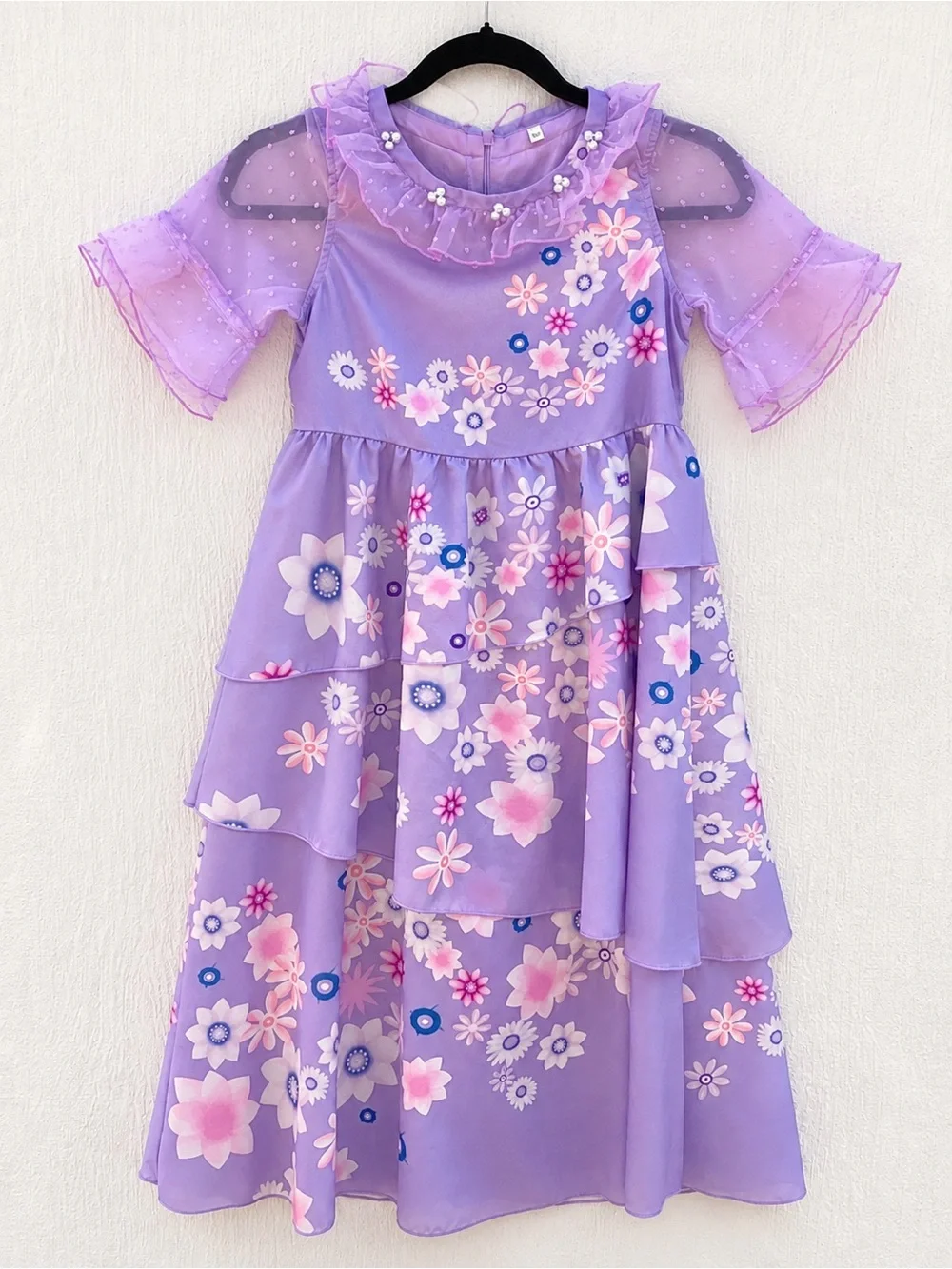 Lavender Floral Tiered Ruffle Midi Dress Pearl Tulle Sleeves Cottagecore